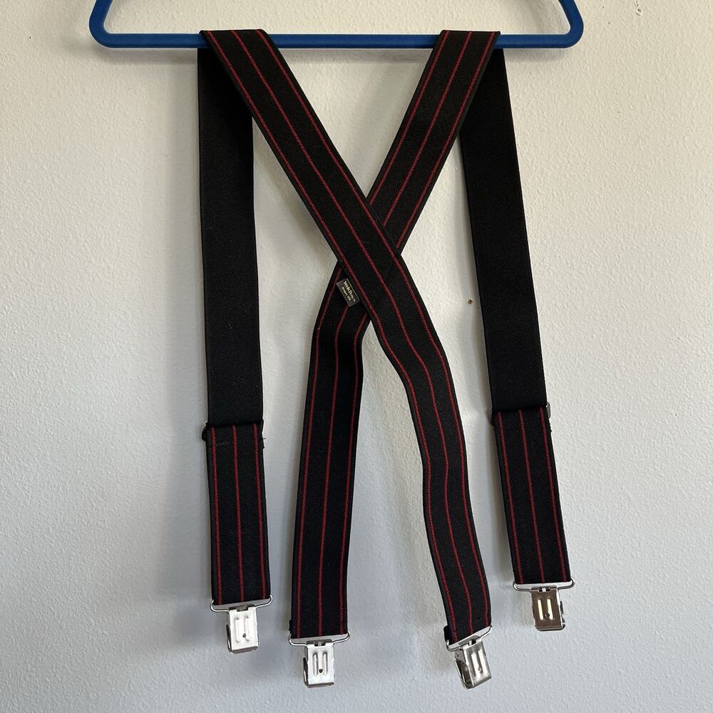 Black Red Pinstripe Suspenders Welch Work Gear Adjustable Heavy Duty ClipOn USA - Picture 4 of 5